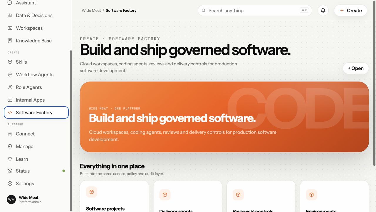 Software Factory в общем рабочем пространстве Wide Moat.